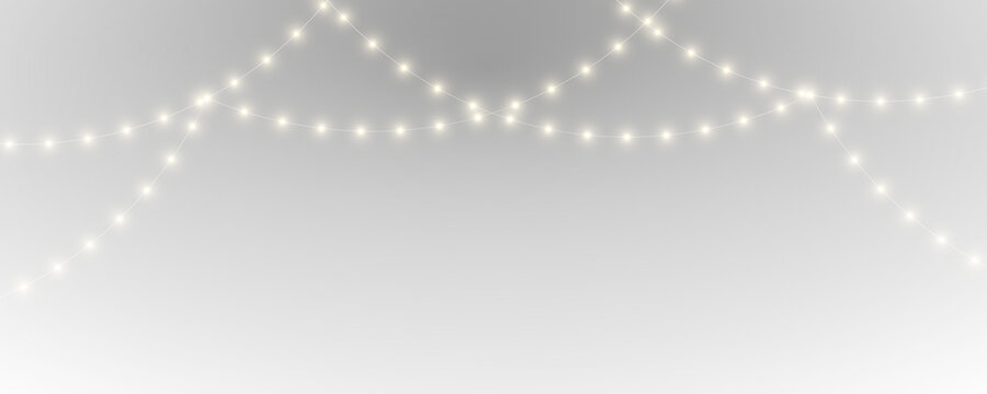 PNG. Festive Christmas lights garland isolated on transparent background. Warm glowing bulbs for seasonal decor projects. Vector style element for banners and posters.
