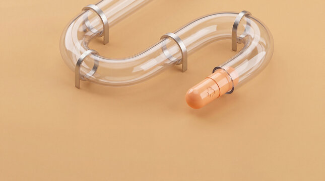 Vibrant health capsule journeying smoothly through a clear S shaped tube, symbolizing a precise medical delivery pathway