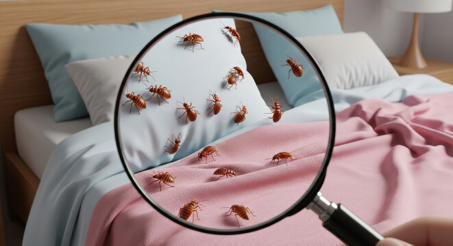 Magnifying glass revealing bed bugs on a messy bed with pillows  