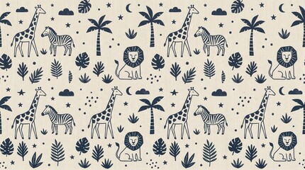 Obraz premium Playful pattern of safari animals, palm trees, and stars on a cream fabric texture