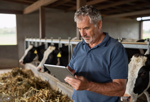 Galician Farmer Checks Cows' Health Report on Tablet in Barn