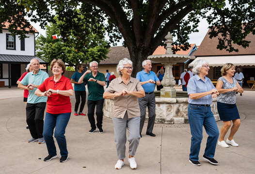 Senior citizens dancing flash mob in town square