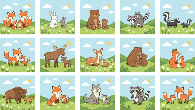 Cute forest animals parent and baby vector illustration set with fox bear raccoon deer rabbit wolf moose skunk and bison icons