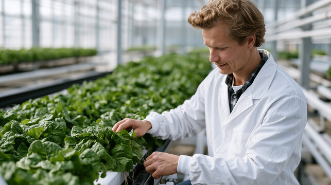 Technician in a sterile white lab coat adjusting pH testing equipment over hydroponic nutrient solution reservoirs inside a climate-controlled greenhouse, instrument readings