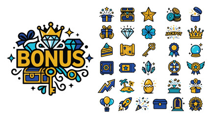 Fototapeta premium Casino bonus icons set, 30 gambling rewards and game elements vector, gold and blue jackpot symbols for mobile apps and betting websites