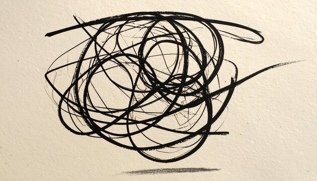 Abstract graphic illustration featuring a black tangled scribble line set against a neutral beige background conveying chaos confusion randomness contrast minimalist artistic expression in modern conc