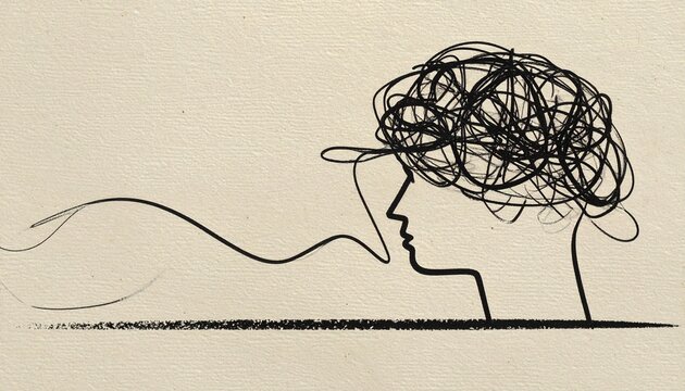 Abstract graphic illustration featuring a black tangled scribble line set against a neutral beige background conveying chaos confusion randomness contrast minimalist artistic expression in modern conc