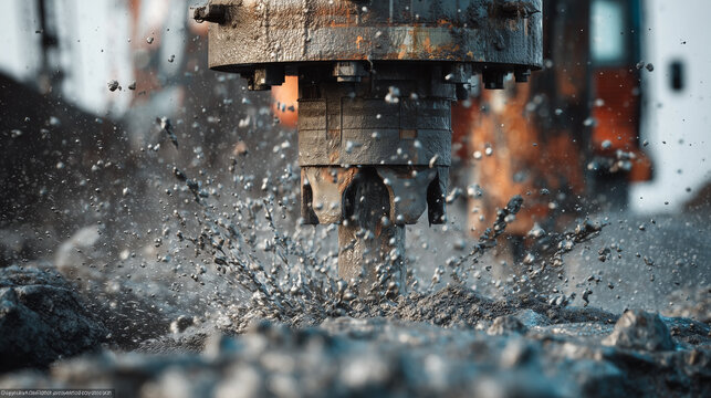 heavy hydraulic breaker crushing rock and concrete during industrial demolition and construction work