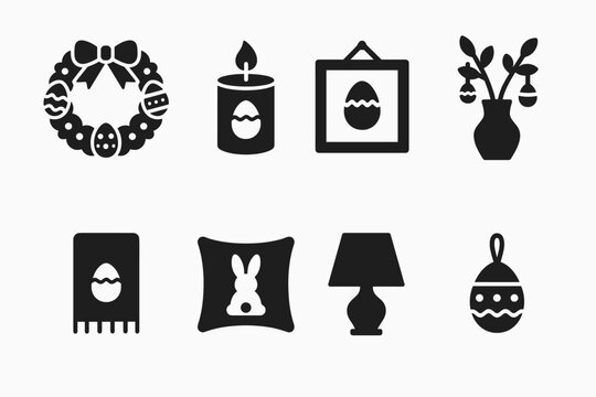 Easter Decor Icons. Easter Home Decor. Filled icon set of Easter Home Decor: wall wreath, scented candle,