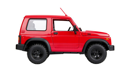Red compact off-road vehicle with black wheels, isolated on transparent background © PNGera
