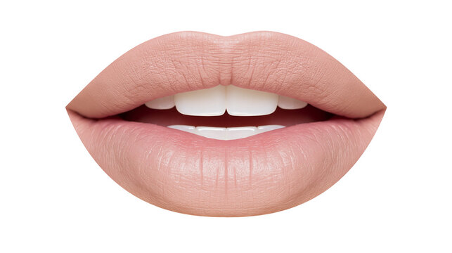 Full lips with matte nude lipstick and white teeth, isolated on transparent background