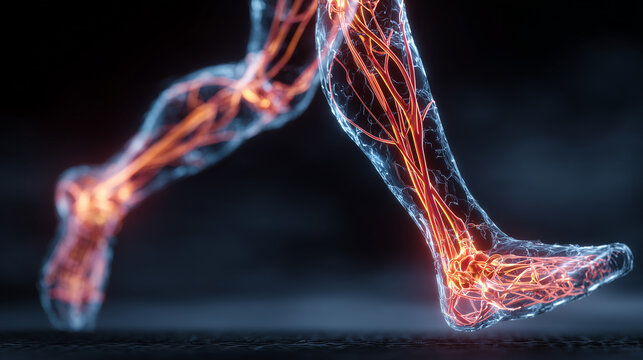 glowing neural and vascular network in human lower leg illustrating anatomy circulation and biomedical science