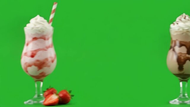 4K front-view milkshake glasses move from right to left on green chroma key, pausing in center for food ads and compositing.