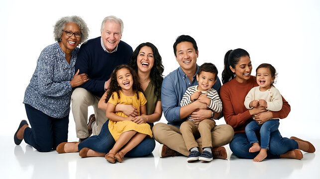 Diverse multigenerational family together on white background with multigenerati