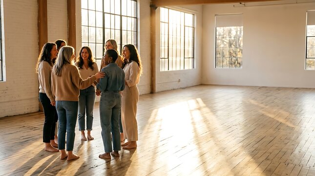 Diverse group of women talking in a circle in a bright sunny loft