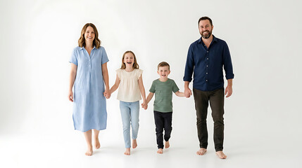 Fototapeta premium Happy family walking forward holding hands against white background