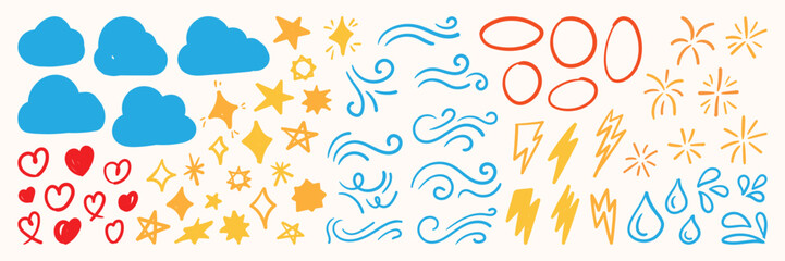 Naklejka premium Hand Drawn Weather Doodle Elements Collection. Set of star, clouds, lightning thunder bolts, raindrops wind swirls, heart and decorative scribbles. 