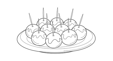 A line art illustration of a plate filled with delicious takoyaki octopus balls. © Joko santoso