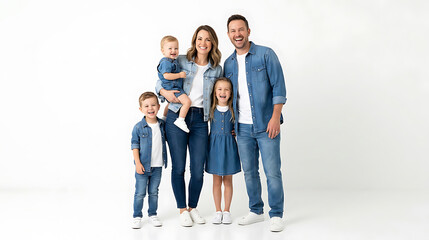 Obraz premium Full body studio portrait of young family of five wearing casual denim clothing