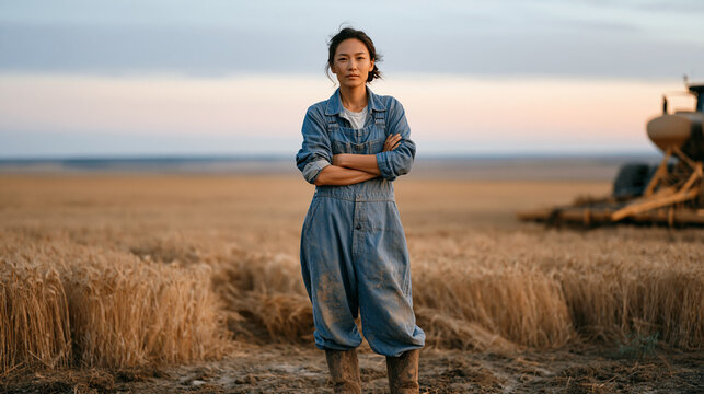 Confident female farmer in worn denim overalls and muddy work boots standing alone in a golden grain field at dusk, arms crossed with quiet authority beside a precision planting