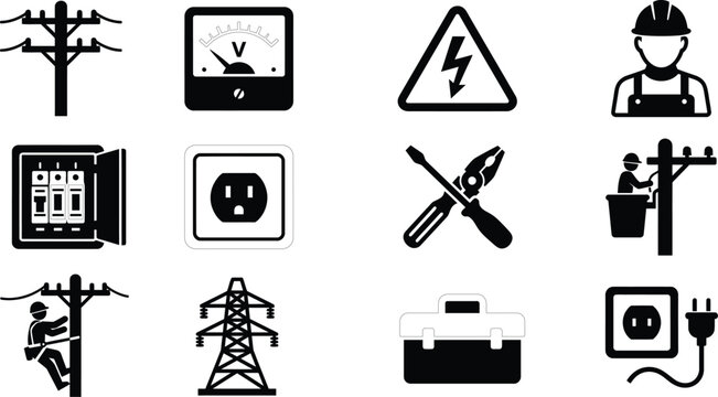Electricity and Electrical Work Icons Set
