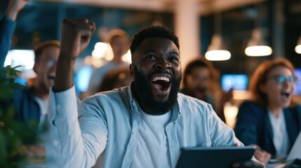 Obraz premium Portrait of a shy employee breaking out of their shell as colleagues cheer during a tense match on a tablet