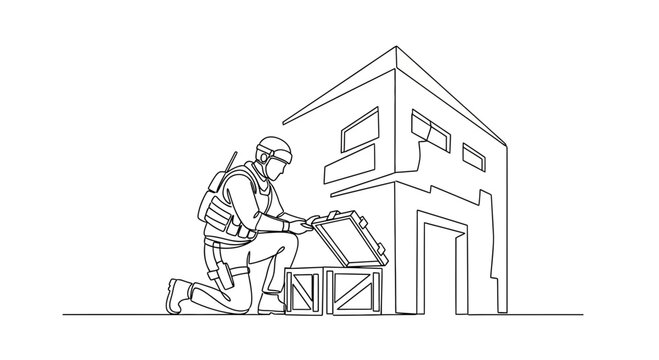 Soldier finds treasure chest near military building, one line art