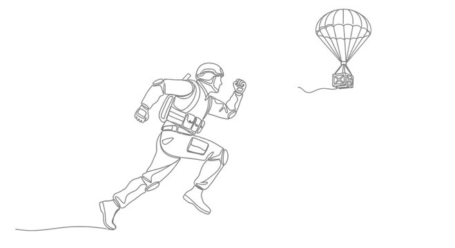Soldier running towards parachute drop, continuous line art