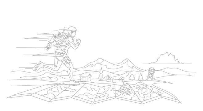 Adventurer running on map, village, mountains, exploration, survival, outline illustration