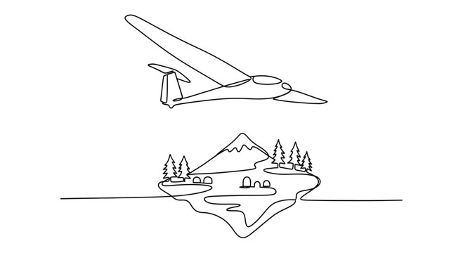 Minimalist line drawing of a glider plane flying over a floating island with mountains and trees.