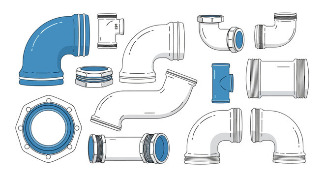 Vector set of industrial pipe fittings and plumbing connectors including elbows tees flanges and joints isolated on white background