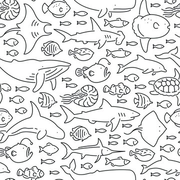 Seamless pattern with marine life. Black and white thin line icons