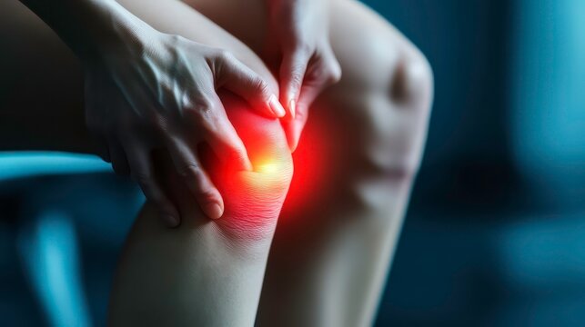 Woman holding her knee in pain with red glow.