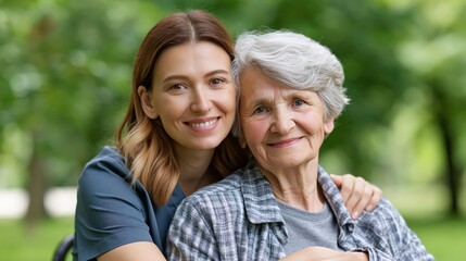 Naklejka premium Young woman embraces elderly woman in wheelchair outdoors with a warm smile