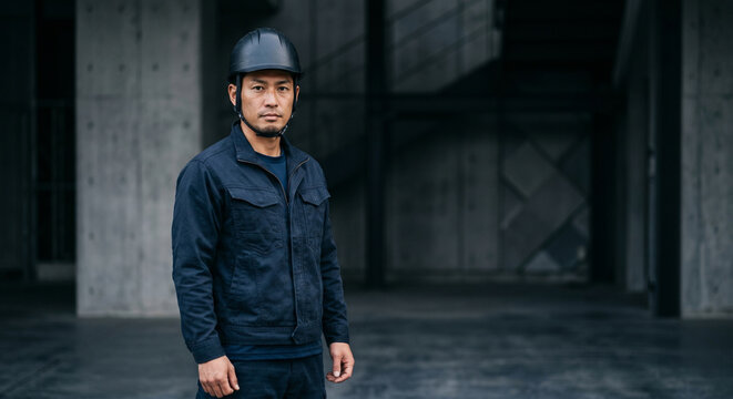 建設業 製造業の採用イメージに使いやすい真剣な表情で正面を見据える作業員の男性