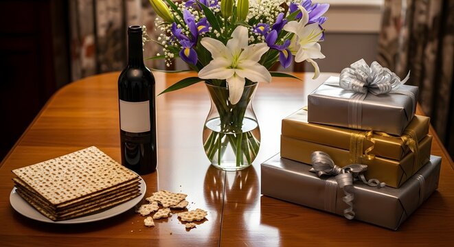 Wine bottle and matzah crackers sit next to a bouquet of lilies and wrapped gift boxes on a table.