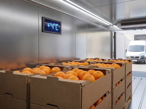 Fresh Oranges Stored in Refrigerated Truck with Temperature Monitoring for Cold Chain Logistics