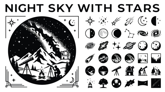 Night sky with stars vector icon set, celestial astronomy symbols and mountain landscape, black and white space exploration graphics for logos