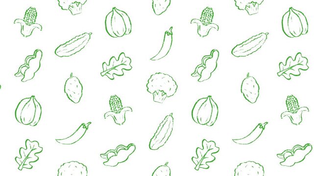Vegetable seamless pattern animated video, fresh food doodle motion graphics background, repeating pattern backdrop for kitchen textile fabric wallpaper