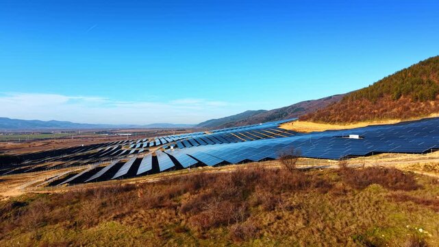 Winter light over solar farm on dry hillside with bare trees. Low elevated view of curved panel rows, brown brush and mountain range under clear sky.