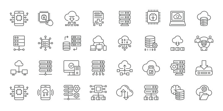Memory Management icons in line design. memory, storage, data, RAM, cache, optimization, system on white background vector. Memory Management editable stroke icons.