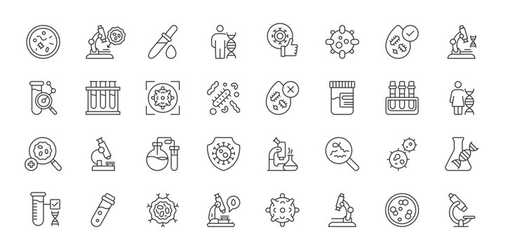 Microbiology icons in line design. microbiology, bacteria, virus, microscope, cell, laboratory, research on white background vector. Microbiology editable stroke icons.