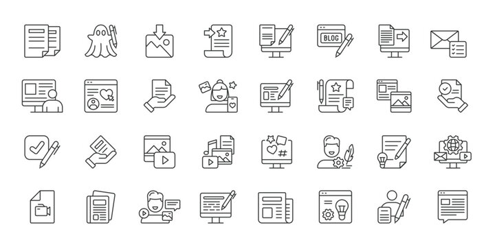 Content Management icons in line design. content, management, website, publishing, media, editing, document on white background vector. Content Management editable stroke icons.