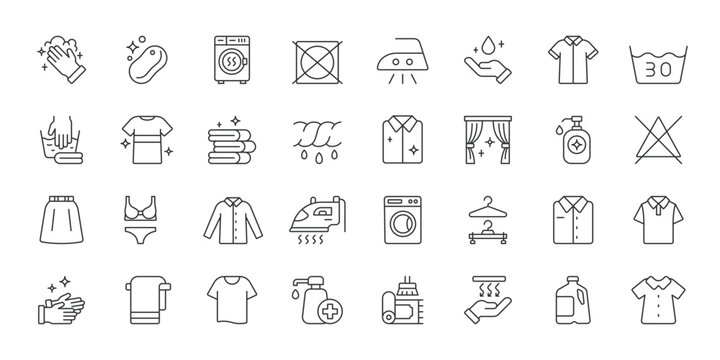 Laundry service icons in line design. laundry, washing, clothes, detergent, dryer, ironing, basket on white background vector. Laundry service editable stroke icons.