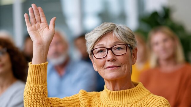 Engaged senior woman with glasses raises hand at a community meeting