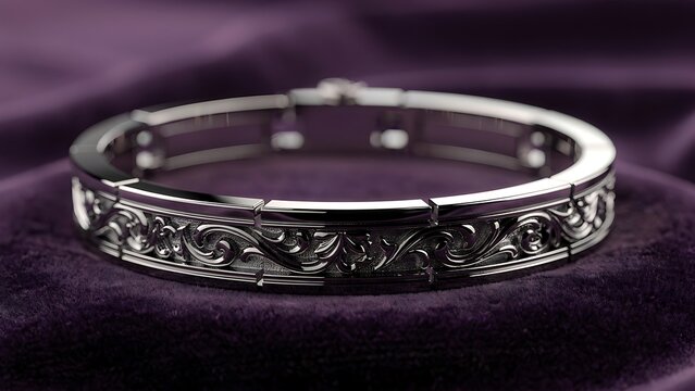 Close-up of a silver ring with intricate engravings on black background.