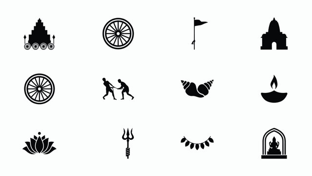 Compilation of Indian cultural and religious symbols for spiritual design needs.
