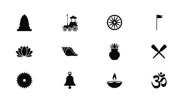 Set of traditional hindu symbols and cultural icons presented as black flat vector art.