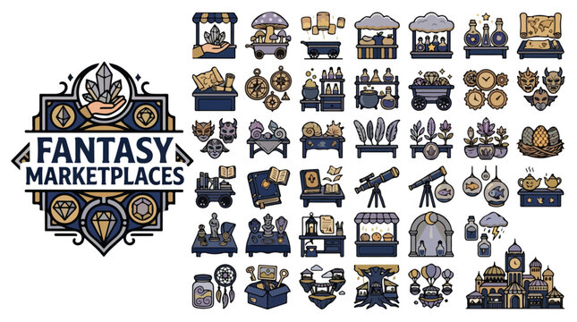 Fantasy marketplaces vector icons set, medieval RPG shop elements and magic store symbols, mystical merchant stalls and trade items