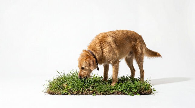 Scruffy Tan Mixed Breed Dog Sniffing Fresh Green Grass Patch in Studio, Isolated on White Background, Curious Pet Investigating Natural Scent